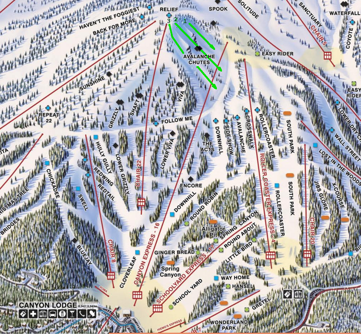 Trail map of Avalanche Chutes at Mammoth Mountain